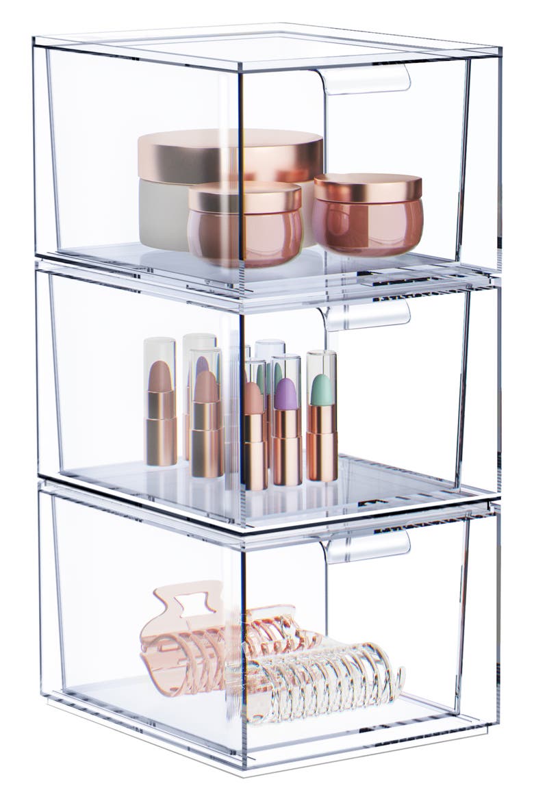 Set of 3 Stackable Drawers, Main, color, CLEAR
