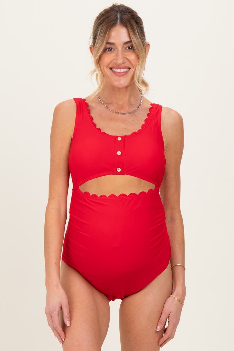 Scalloped Cutout Ruched One Piece Swimsuit, Main, color, Red