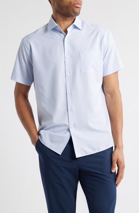 Champers Micromedallion Print Short Sleeve Performance Poplin Button-Up Shirt