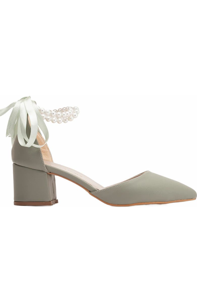 Forever & Always Shoes Miranda Low Block Heels with Pearls, Alternate, color, Sage Green Faux Leather