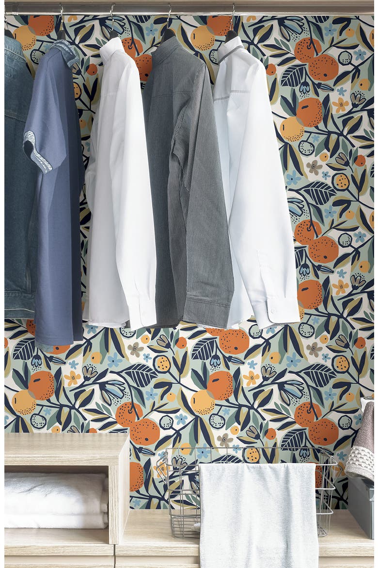 Navy Clementine Garden Peel and Stick Wallpaper, Alternate, color, ORANGE