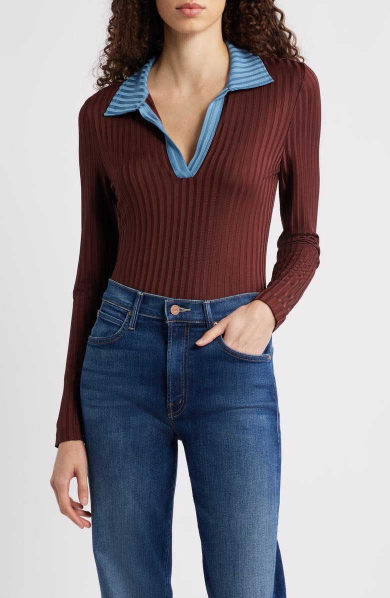 rag 
bone Natalia Colorblock Long Sleeve Polo, Main, color, Chocolate Brown