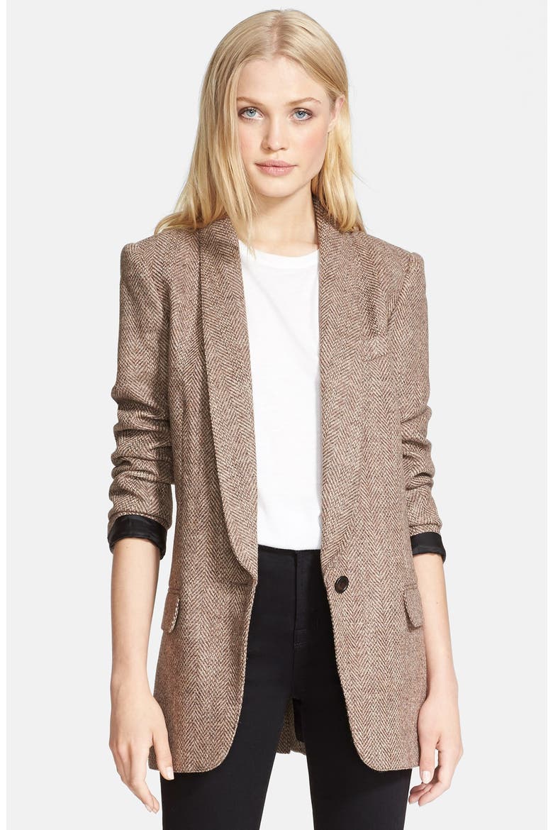 Herringbone Boyfriend Blazer, Main, color, TOBACCO