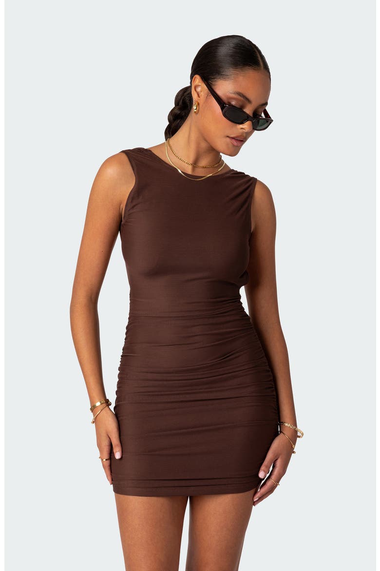 Mikey Ruched Open Back Minidress, Alternate, color, BROWN