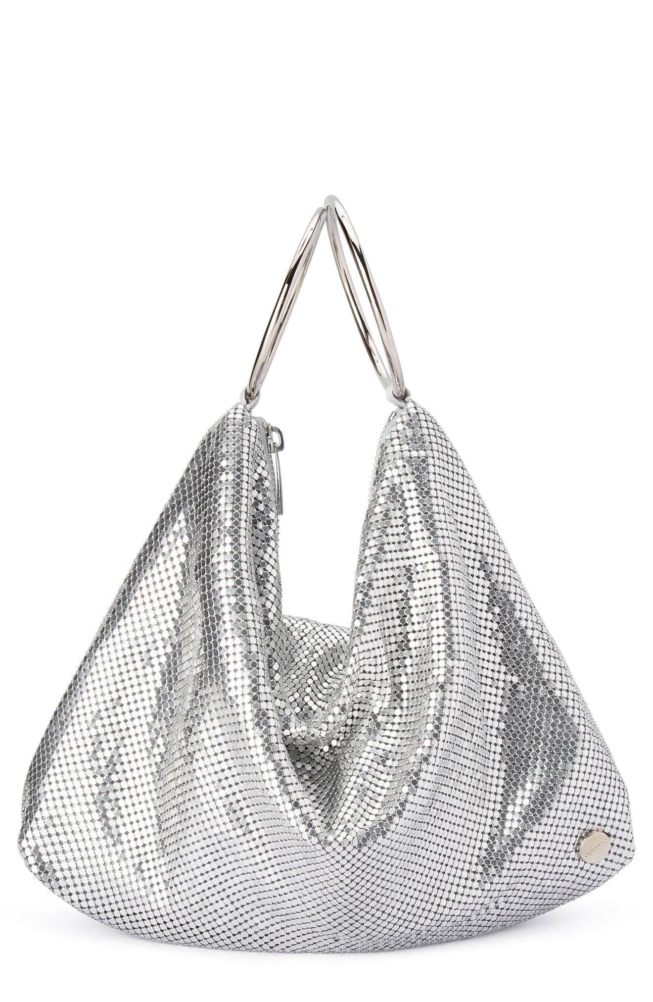 Olga Berg Shar Mesh Convertible Bag, Main, color, Silver