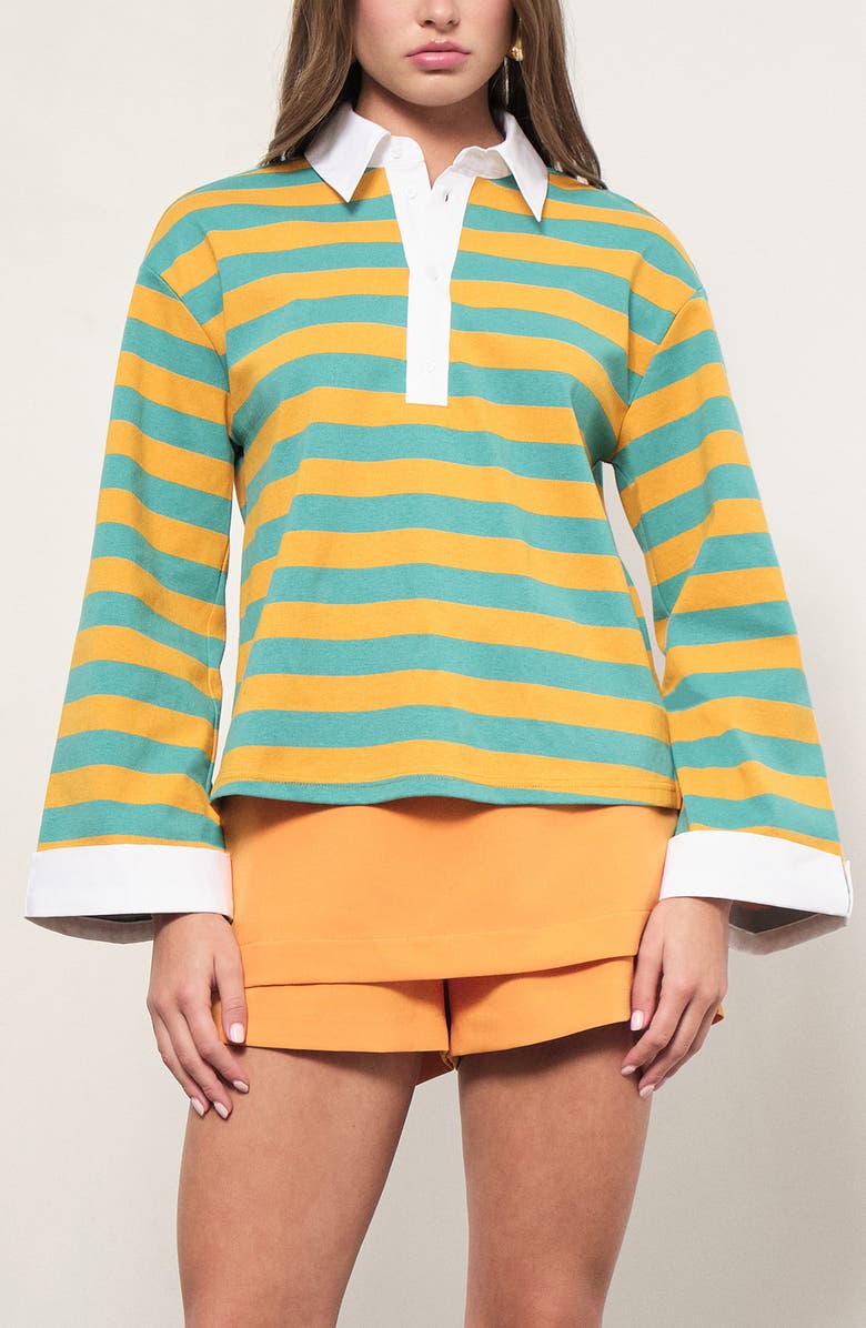MAUDE CLUB Gabrielle Stripe Cotton Rugby Shirt, Alternate, color, Ocean Yellow Stripe