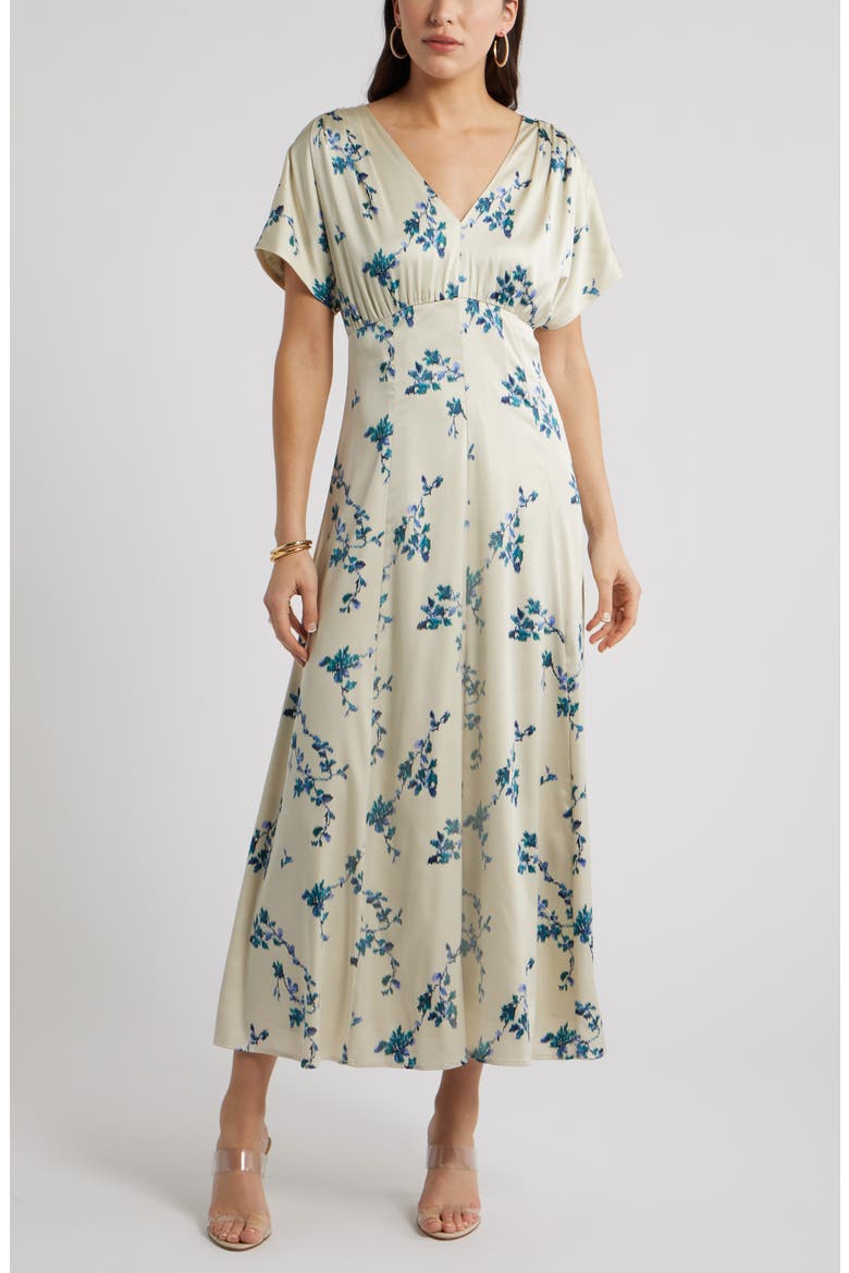 Seamed Stretch Satin Maxi Dress, Main, color, GREEN- TEAL FAINT FLORAL