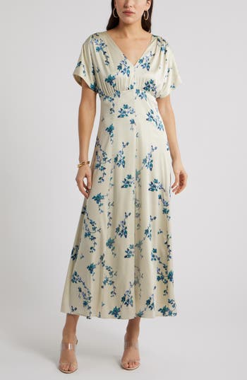 Chelsea28 Seamed Stretch Satin Maxi Dress in Green- Teal Faint Floral at Nordstrom Rack, Size Large