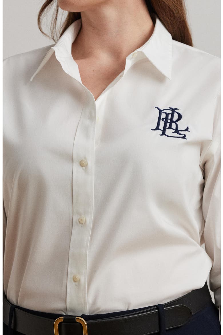 Embroidered Logo Stretch Cotton Button-Up Shirt, Alternate, color, WHITE