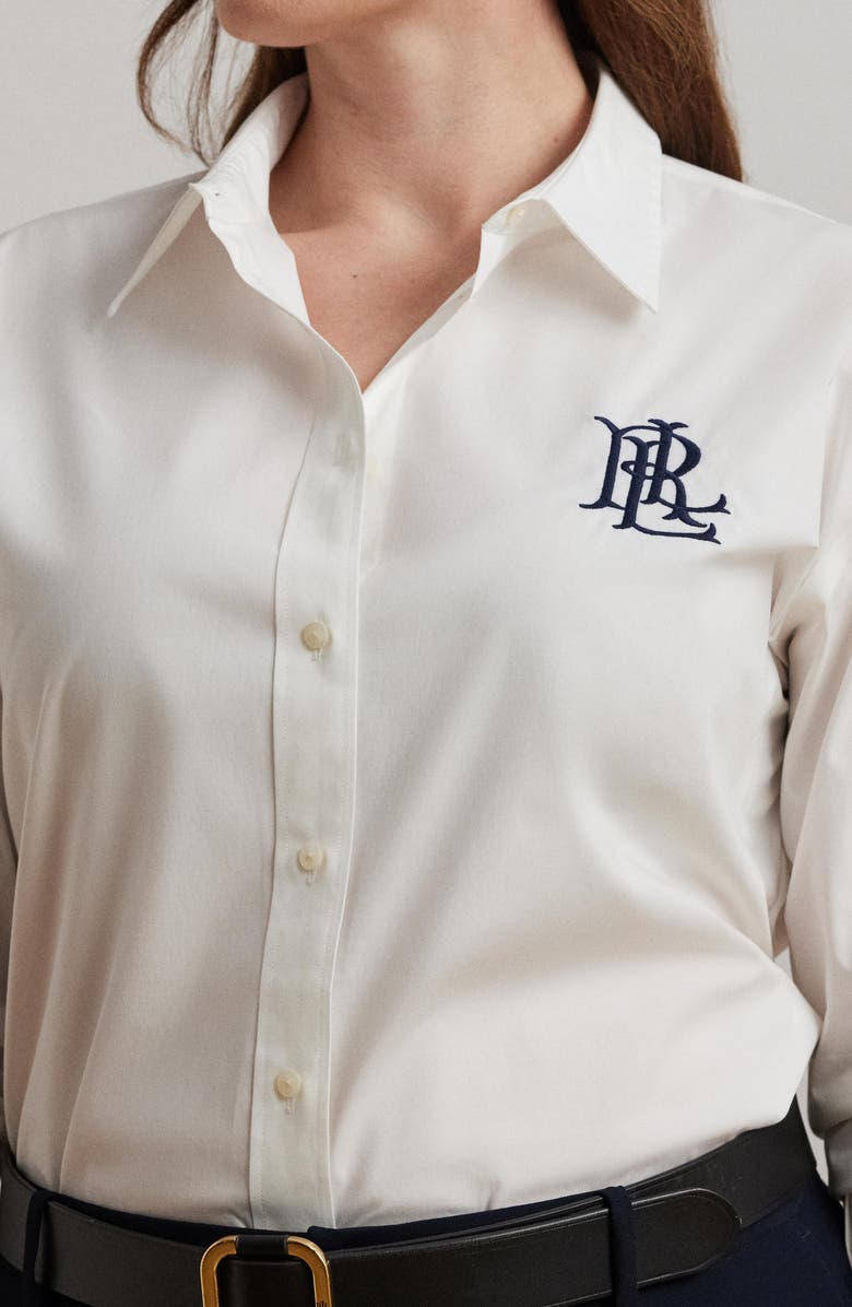 Lauren Ralph Lauren Embroidered Logo Stretch Cotton Button-Up Shirt, Alternate, color, White