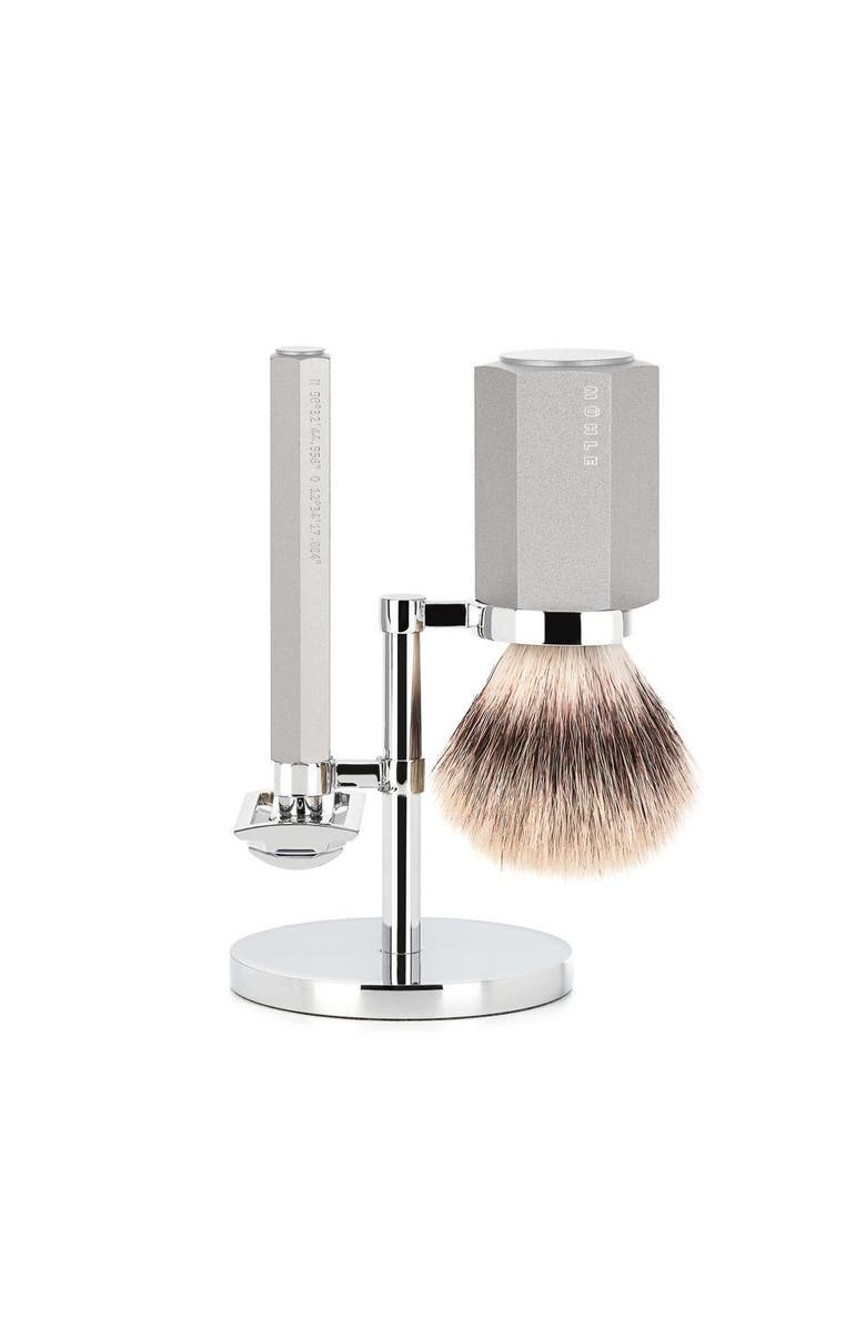 MÜHLE Hexagon Anodized Silver Silvertip Fiber 3-Piece Shaving Set, Main, color,