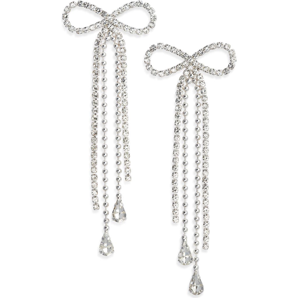 Open Edit Stone Crystal Bow Drop Earrings In Silver