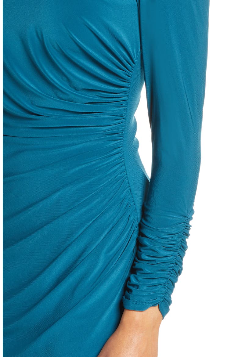Off the Shoulder Long Sleeve Ruched Cocktail Dress, Alternate, color, PEACOCK