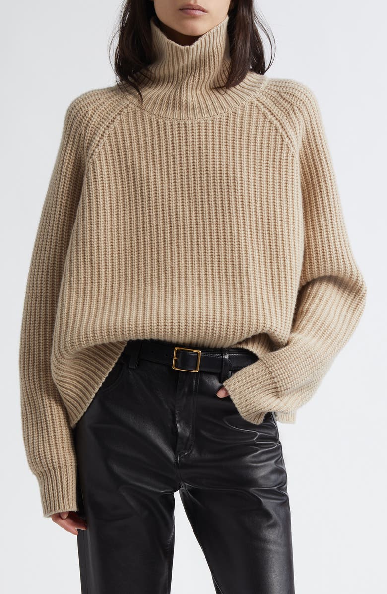 Nili Lotan Amaya Fisherman Knit Cashmere Turtleneck Sweater, Main, color, Taupe