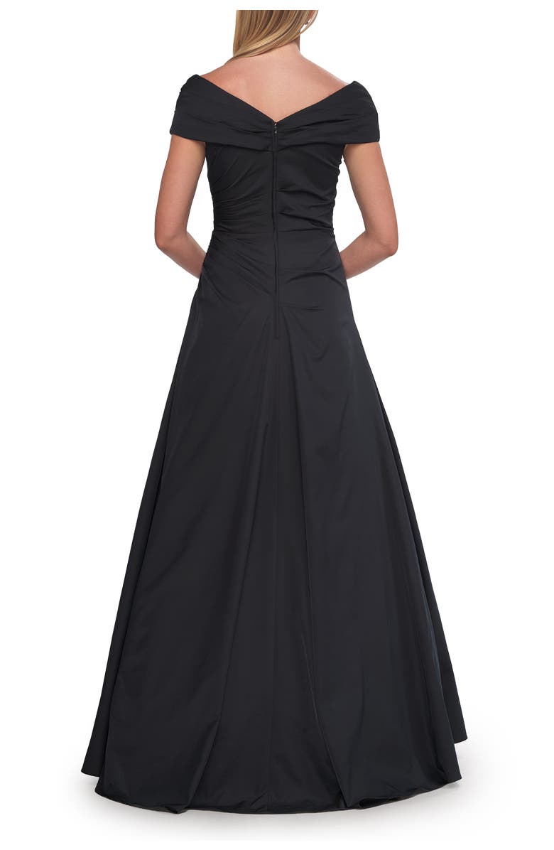 La Femme Off-the-Shoulder Stretch Taffeta A-Line Gown, Alternate, color, Black