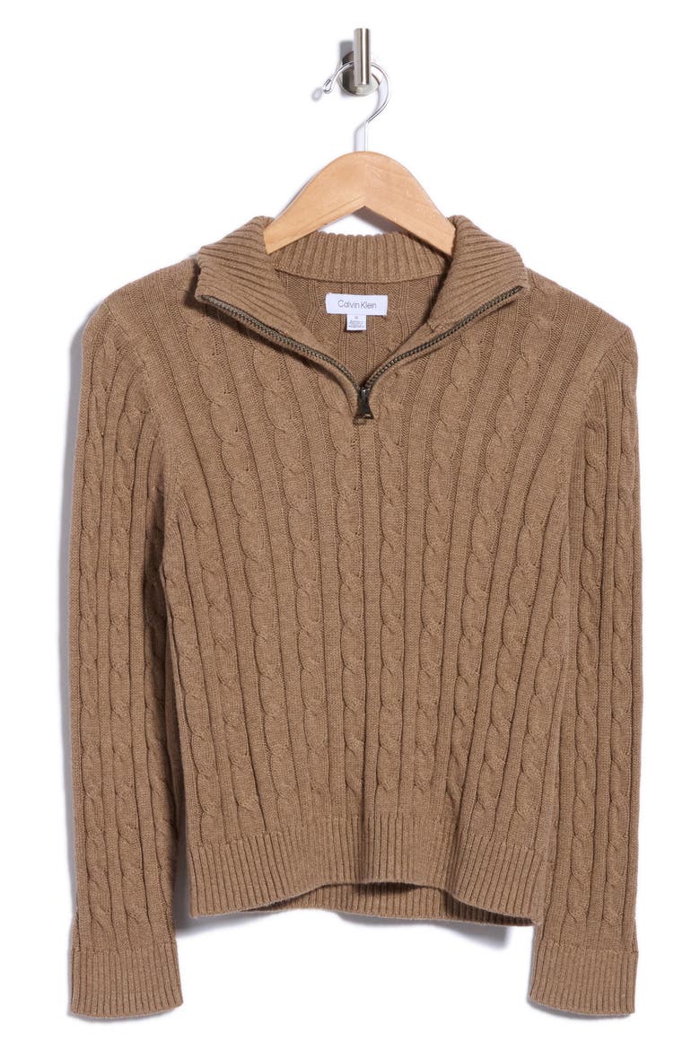 Kids' Heather Cable Knit Quarter-Zip Sweater, Main, color, BROWN
