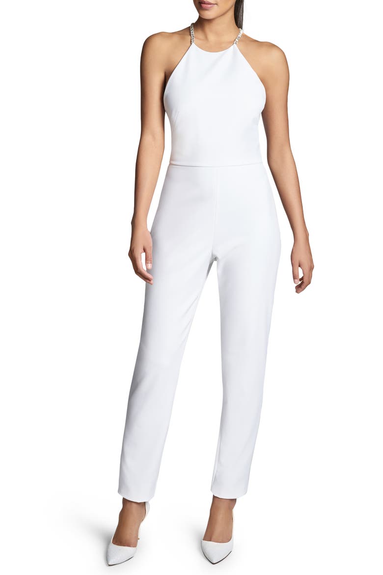 Alexa Crystal Detail Halter Neck Jumpsuit, Main, color, IVORY