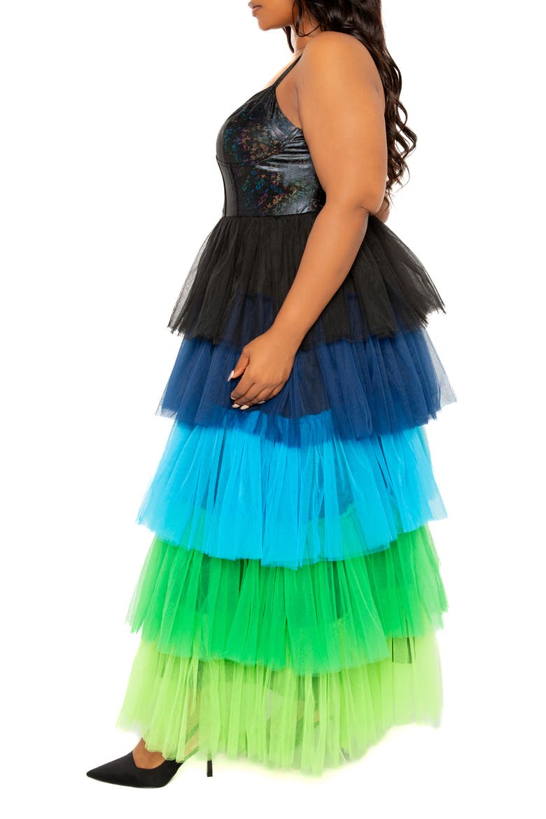Colorful Tiered Faux Leather & Tulle Maxi Dress, Alternate, color, BLUE MULTI