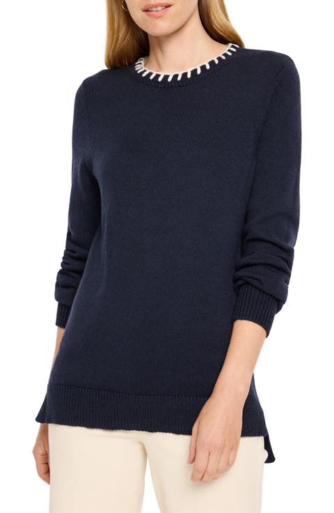 Blanket Stitch Cotton Blend Sweater (Regular & Petite)