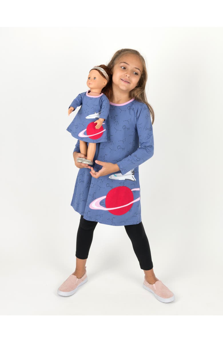 Leveret Girls Cotton Dress with Matching Doll Dress, Printed Design, Alternate, color, Planet
