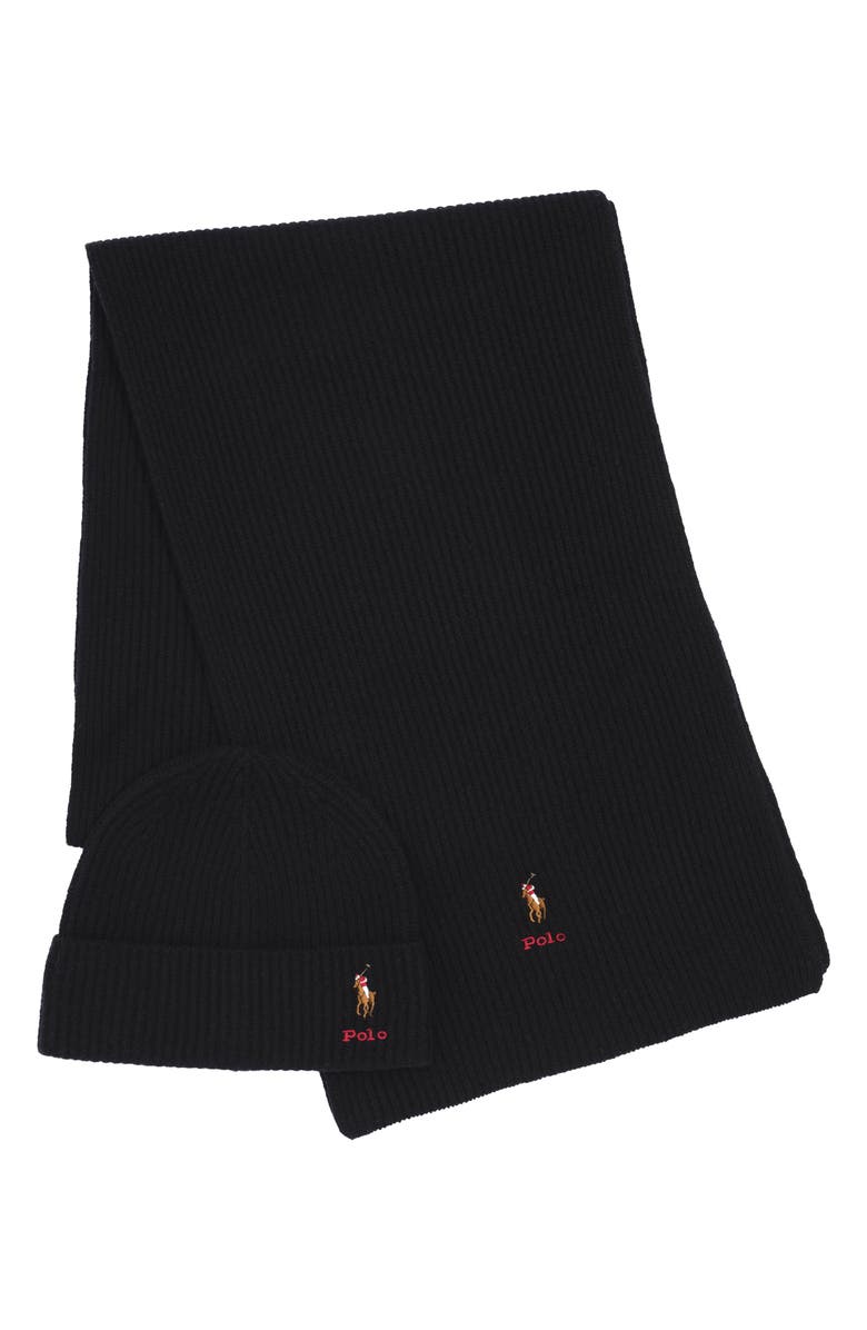 Polo Ralph Lauren Pony Merino Wool Hat & Scarf Set, Alternate, color, Black