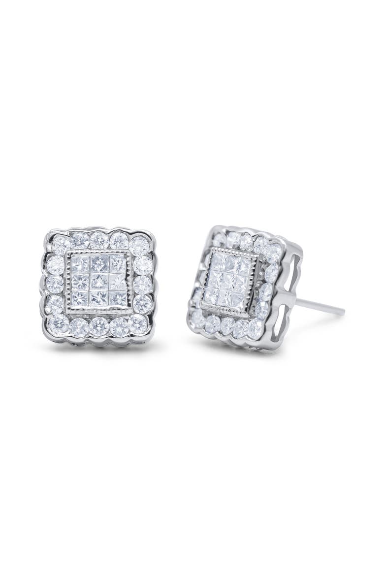 14K White Gold 1.0 Cttw Diamond Scallop-Edge Framed Square Halo Stud Earrings, Main, color, White