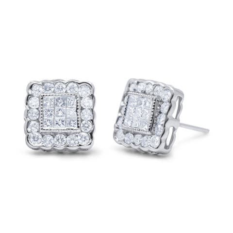 14K White Gold 1.0 Cttw Diamond Scallop-Edge Framed Square Halo Stud Earrings