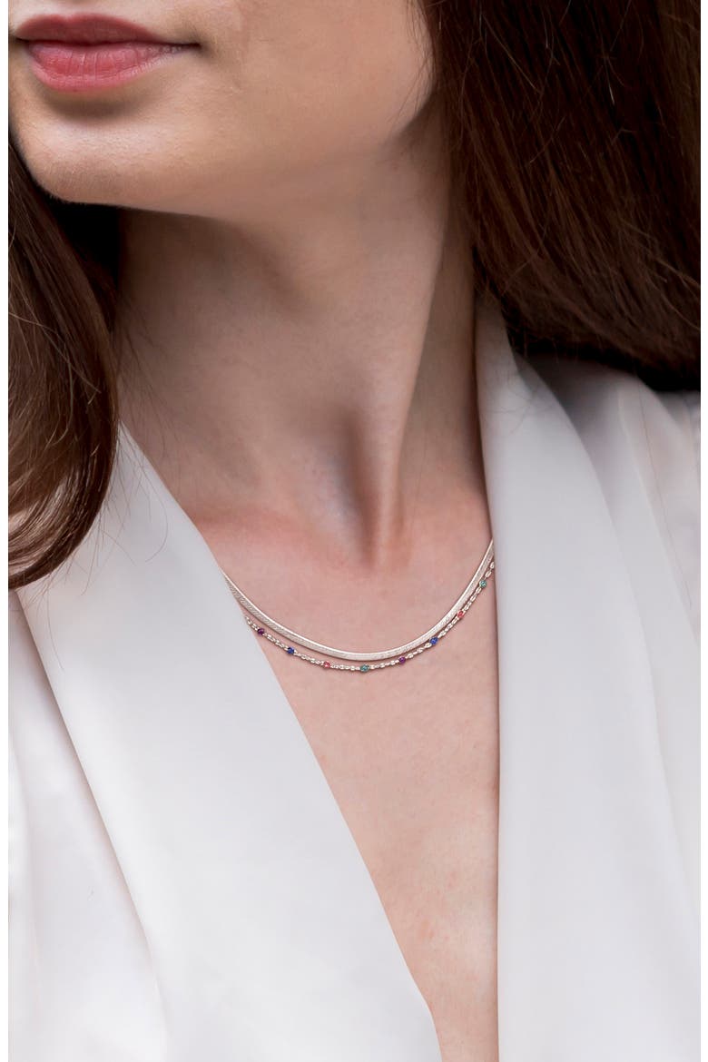 Multicolor Dot Layered Herringbone Chain Necklace, Alternate, color, SILVER