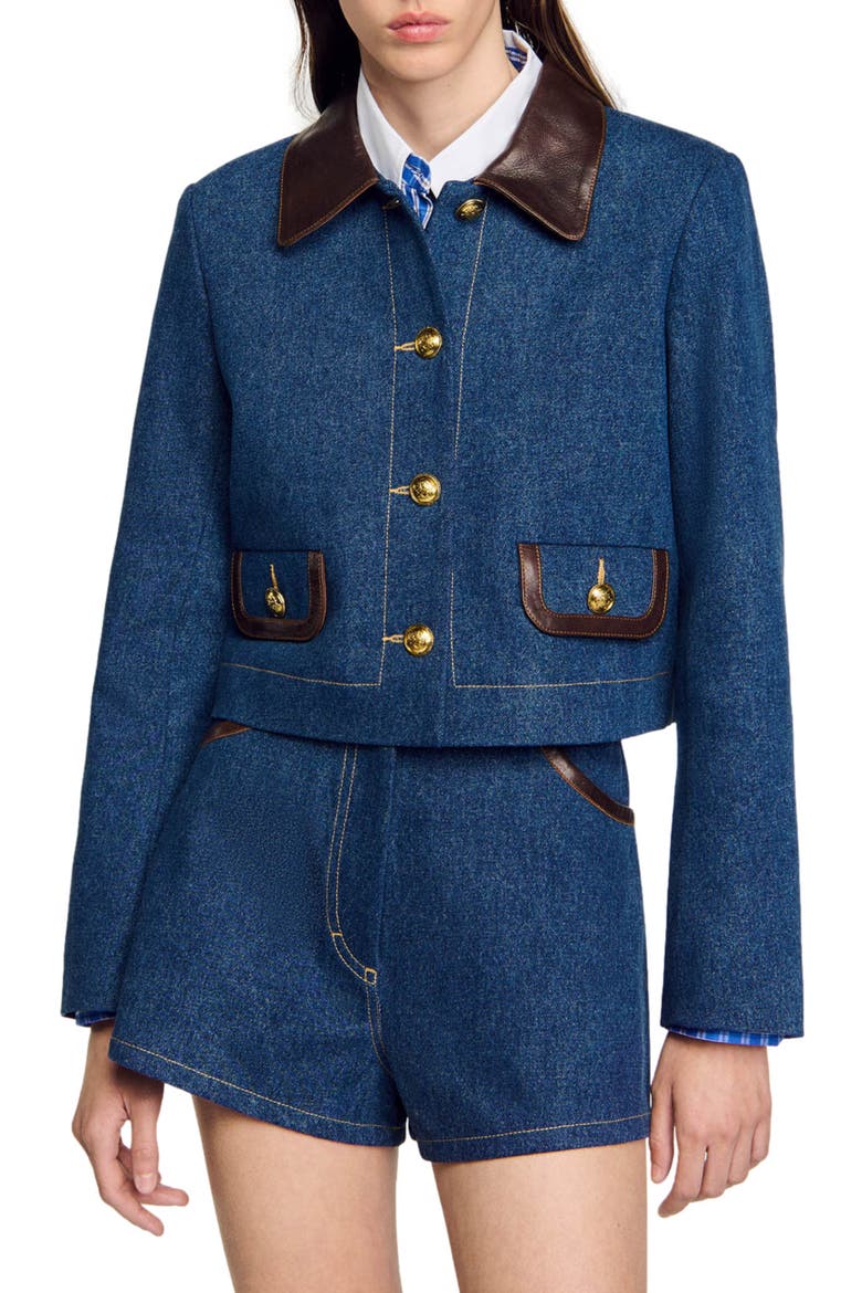 Denim jacket with leather collar, Main, color, Blue