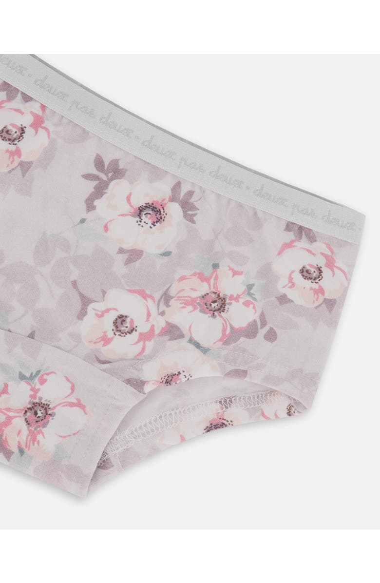 Deux par Deux Girl's Printed Organic Cotton Boyshort Panty Pale Pink Flowers On Neutral Lilac, Alternate, color, Pale Pink Flowers On Lilac