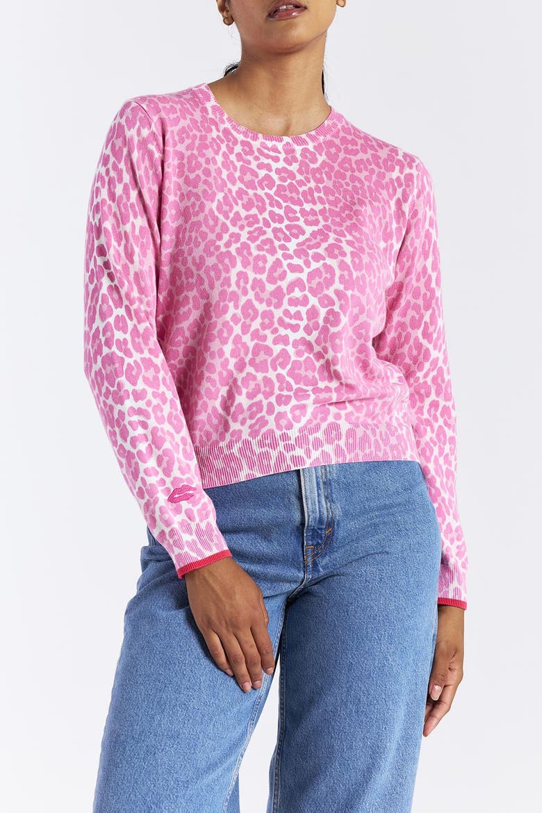 Lyra Leopard Knit Crewneck Sweater, Alternate, color, Pink Leopard Print