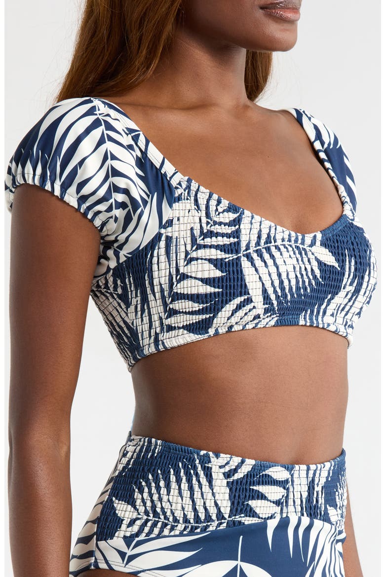 Smocked Puff Sleeve Bikini Top, Alternate, color, NAVY PARADISE FOLIAGE