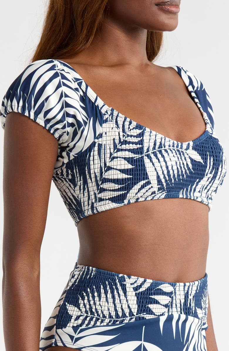 Hutch Smocked Puff Sleeve Bikini Top, Alternate, color, Navy Paradise Foliage
