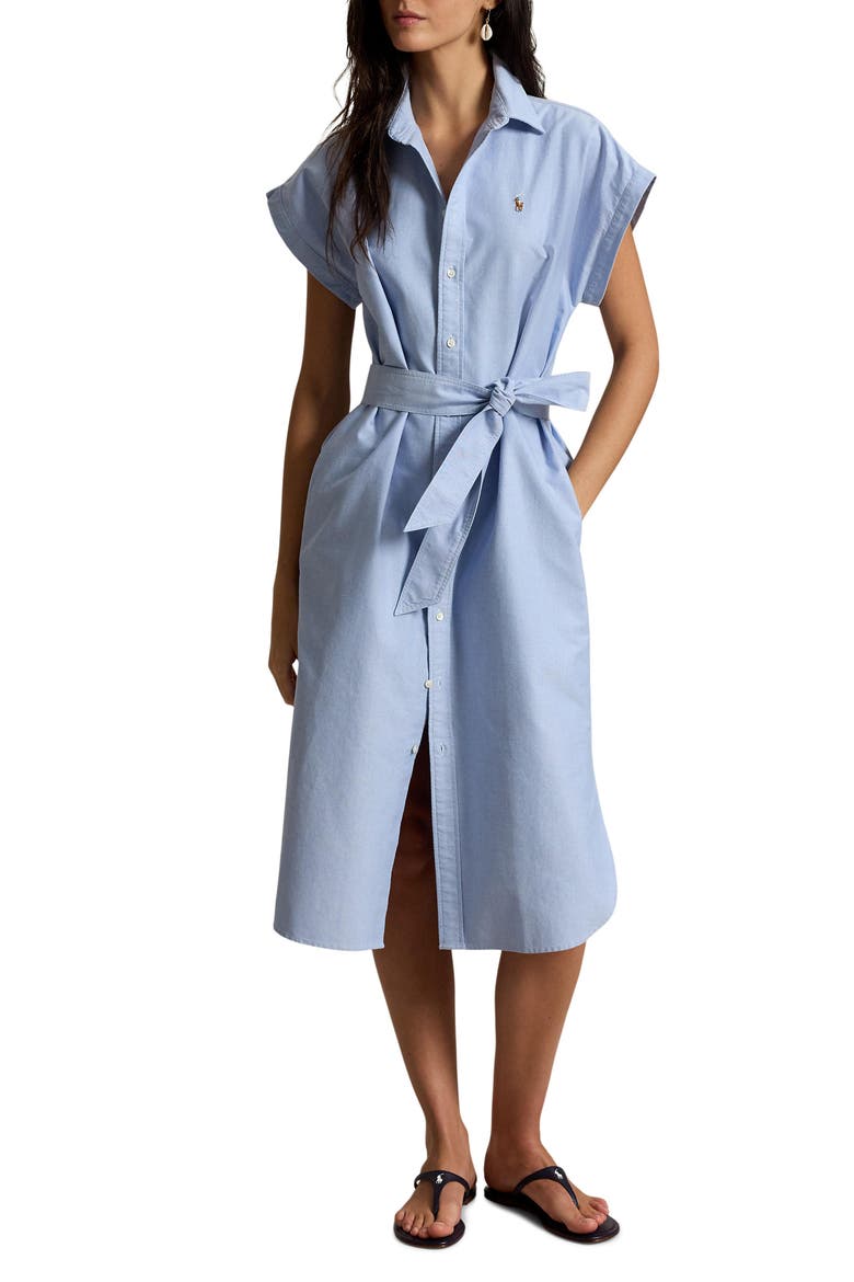 Belted Cotton Midi Oxford Shirtdress, Main, color, BLUE