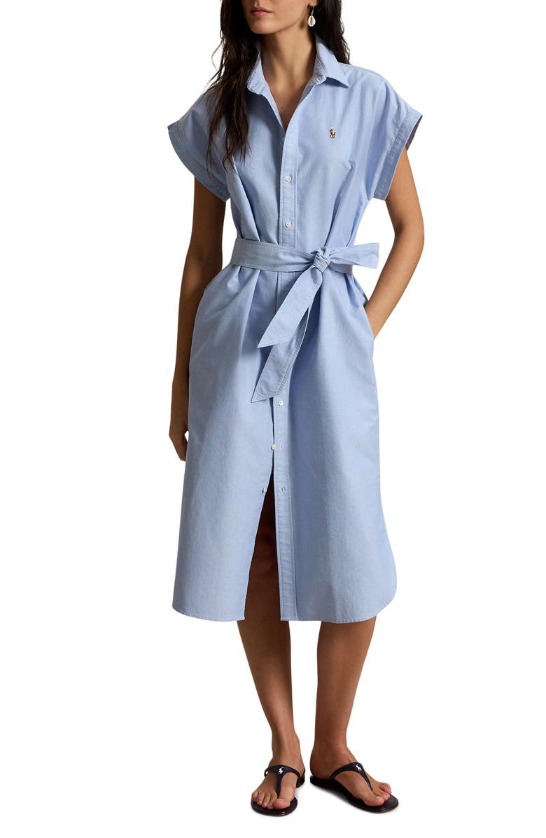 Polo Ralph Lauren Belted Cotton Midi Oxford Shirtdress, Main, color, Blue