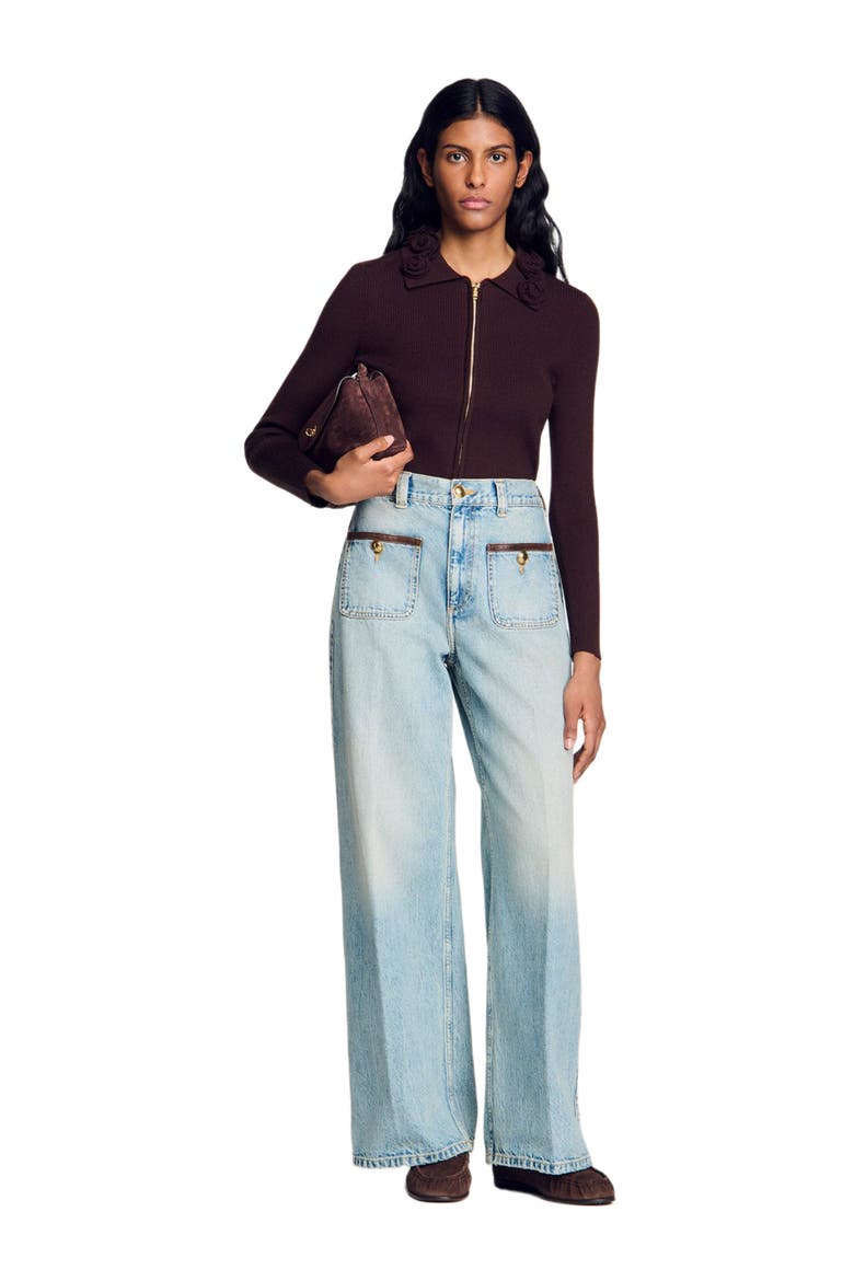 Cardigan with floral collar, Alternate, color, Brown