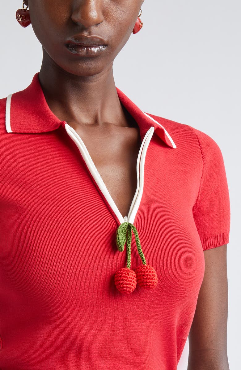 Valentino Garavani Crochet Cherry Polo Sweater, Alternate, color, Red