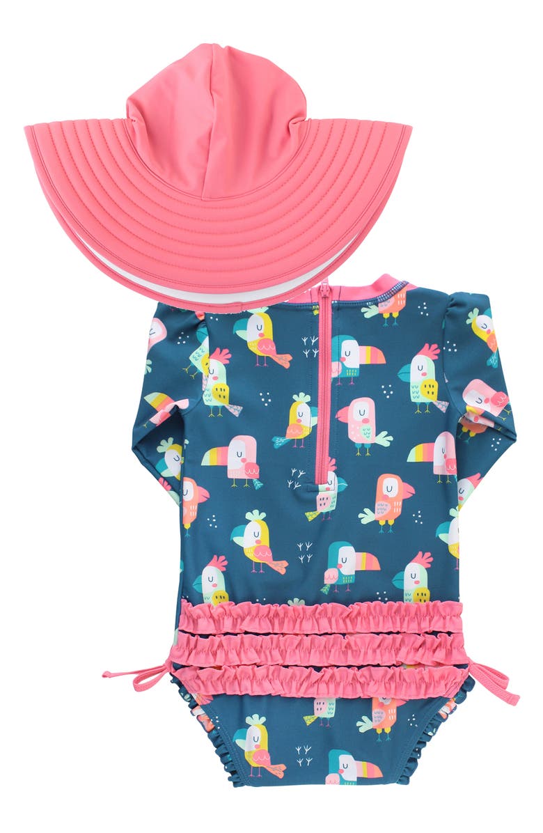 RuffleButts You're The Tweetest One-Piece Rashguard Swimsuit & Hat Set, Alternate, color, 