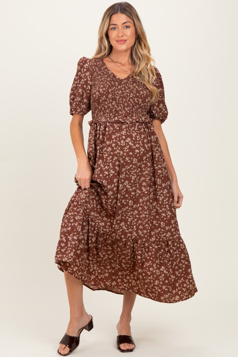 Floral Smocked Short Sleeve Midi Dress, Main, color, Brown