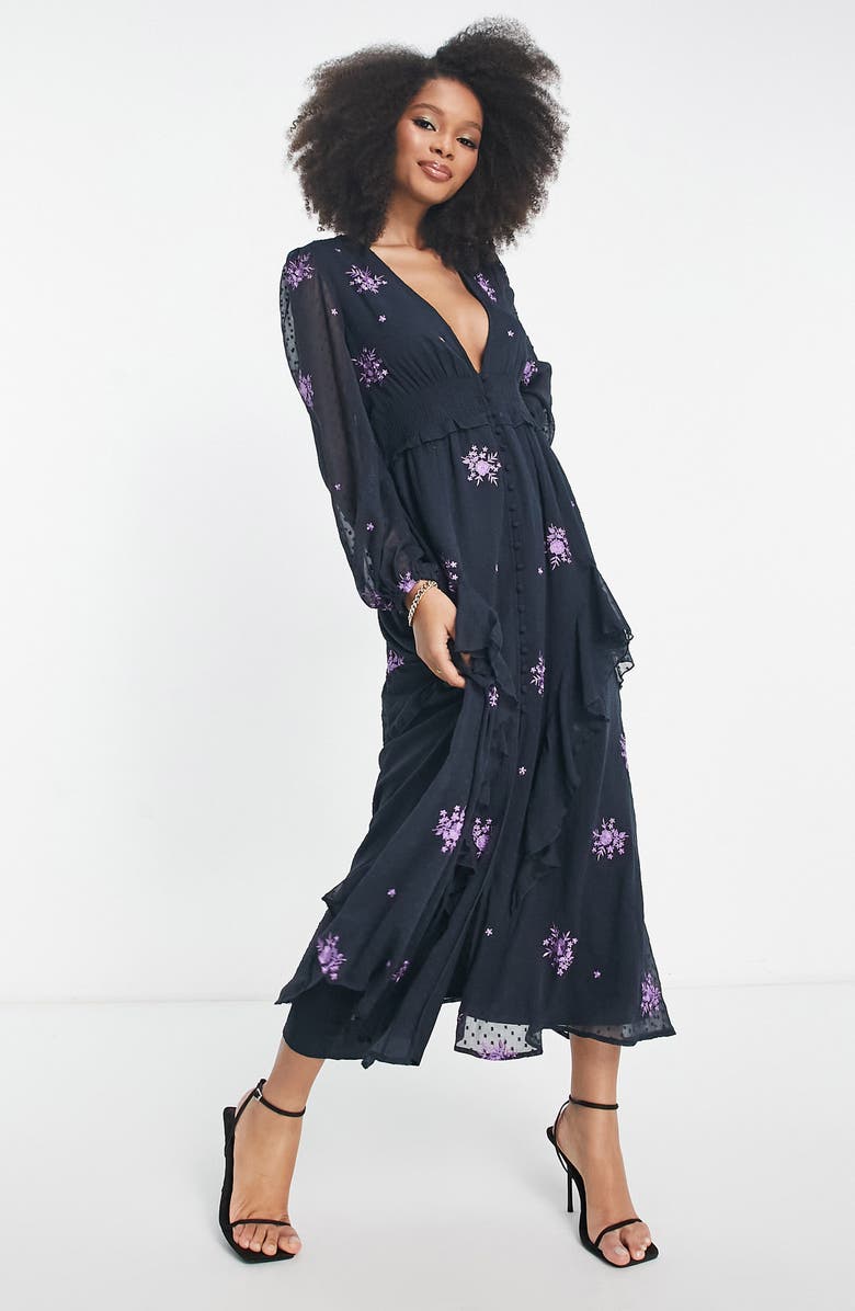 ASOS DESIGN Floral Embroidered Long Sleeve Midi Dress, Alternate, color, 