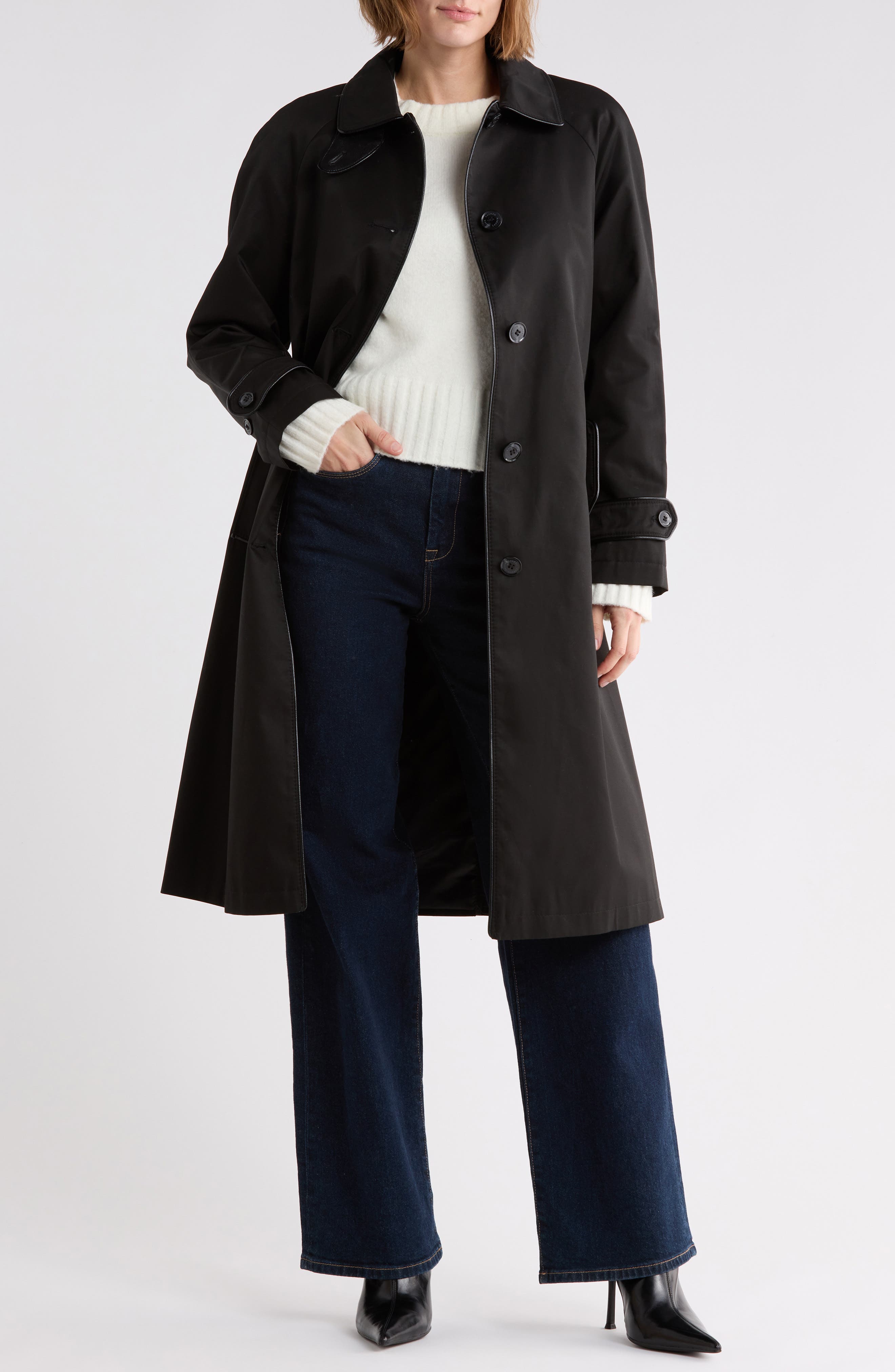 Lauren Ralph Lauren Faux Leather Trim Balmacaan Rain Coat (Women