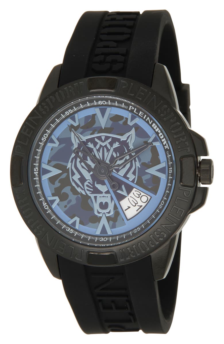 PLEIN SPORT Touchdown Silicone Strap Watch, 44mm, Main, color, Black