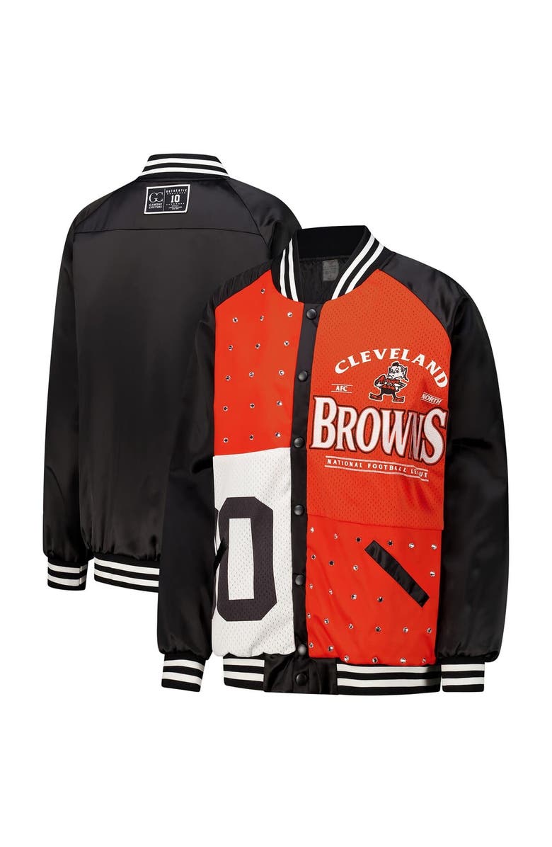 GAMEDAY COUTURE Women's Gameday Couture  Black/Orange Cleveland Browns Oversized Hot Shot Rhinestone Throwback Full-Snap Varsity Bomber Jacket, Main, color, Black