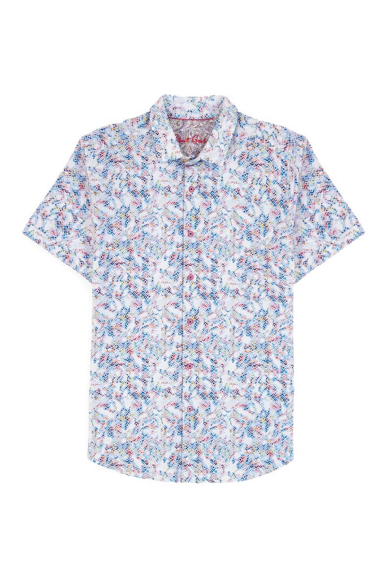 Robert Graham Elgar Abstract Print Short Sleeve Cotton Seersucker Button-Up Shirt, Alternate, color, Blue Multi