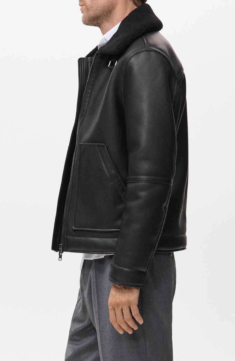 MANGO Fleece Lined Faux Leather Bomber Jacket, Alternate, color, Black
