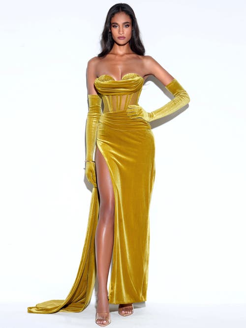 Miss Circle Women Octavia Gold Draping Crystal Corset High Slit Velvet Gown In Gold