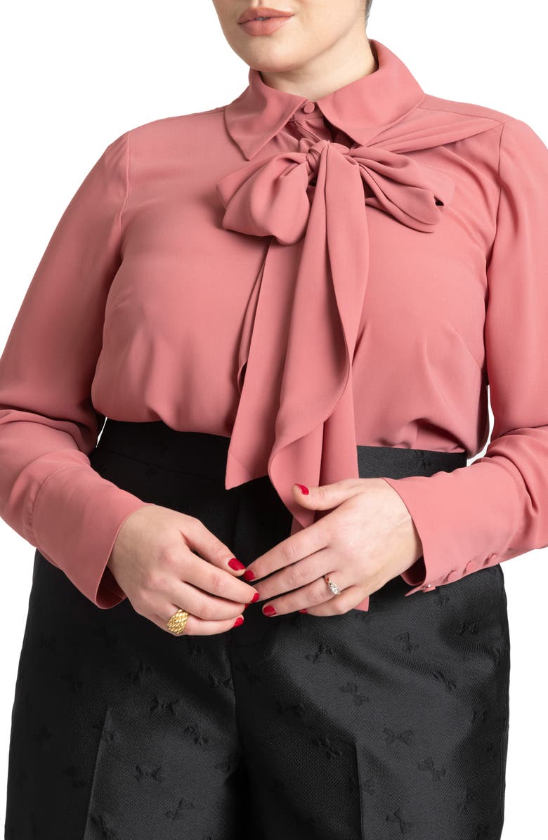 ELOQUII Tie Neck Button-Up Shirt, Main, color,