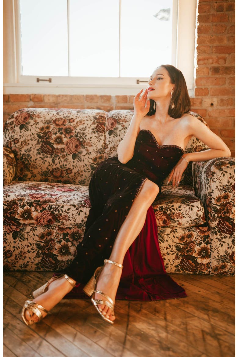 Lavina Velvet Long Dress with Slit, Alternate, color, Wine