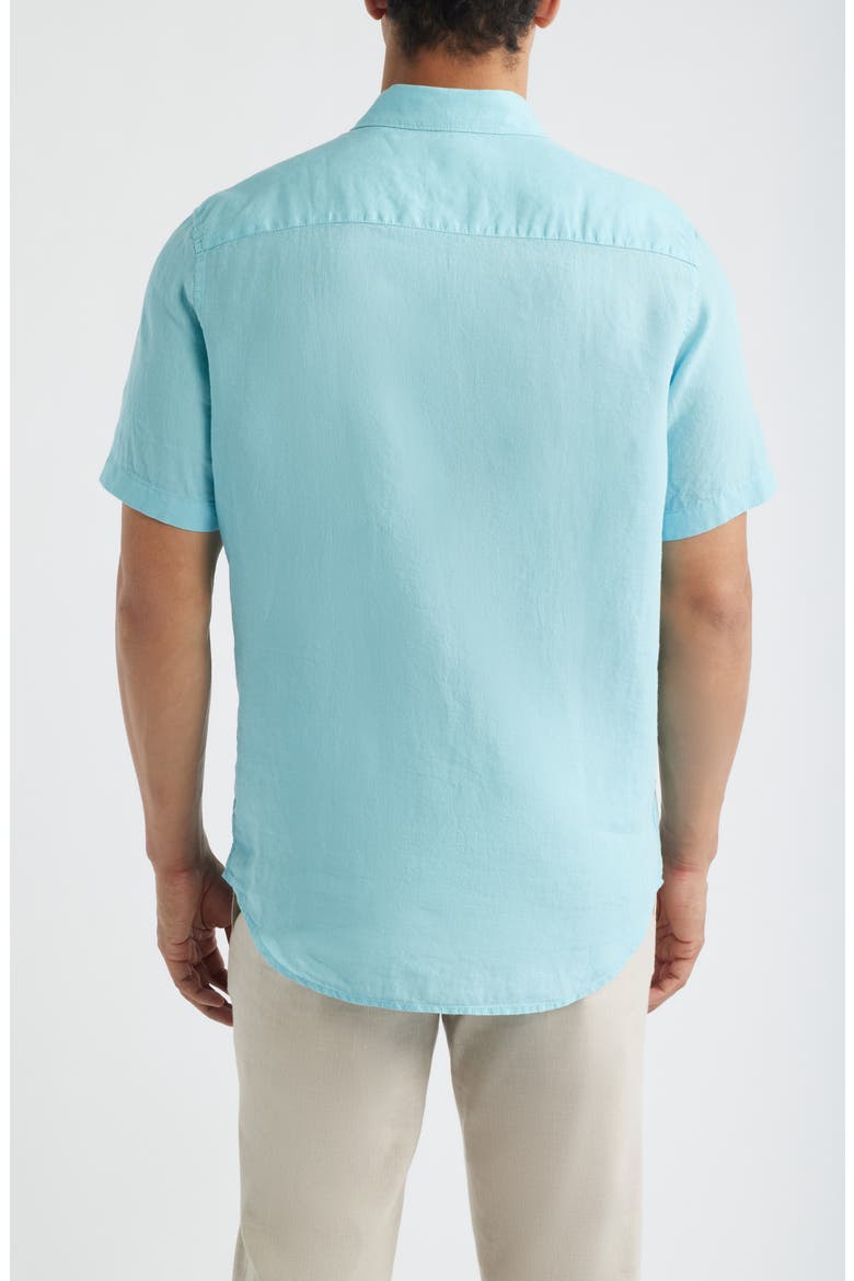 Orson Shaped Fit Short Sleeve Linen Button-Up Shirt, Alternate, color, TURQUOISE