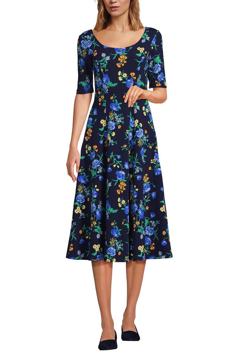Starfish Elbow Sleeve Midi Fit and Flare Dress, Alternate, color, Deep Sea Poppy Floral